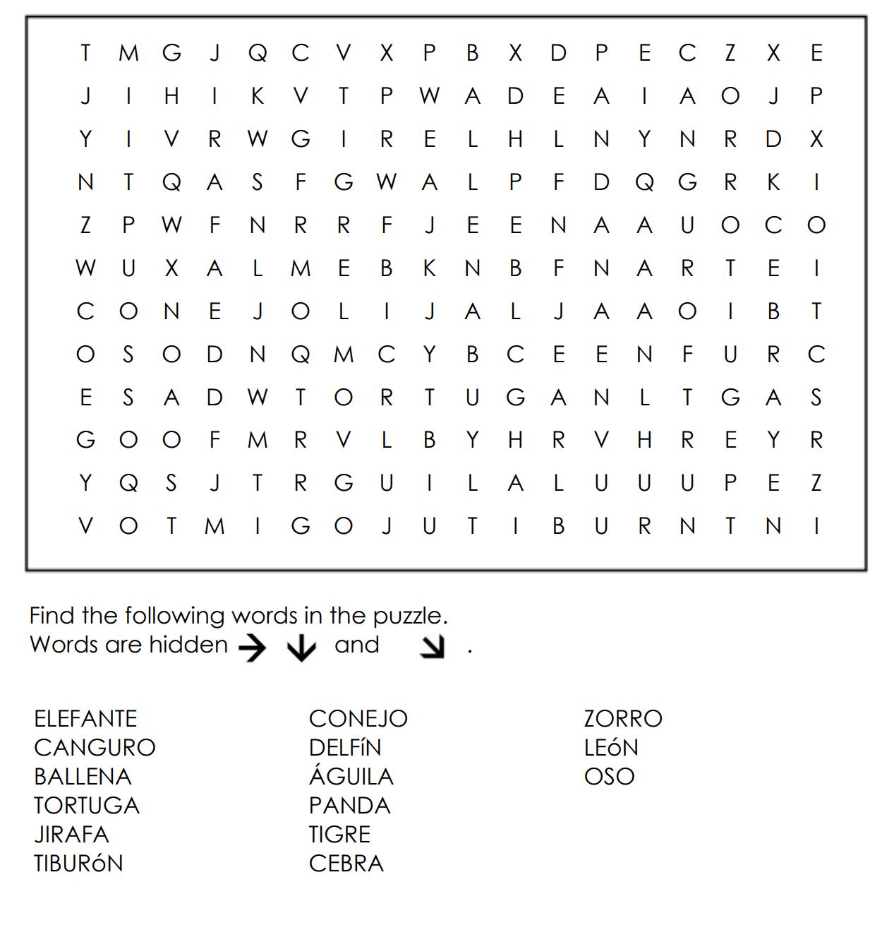 Spanish Word Search Printable free pdf Animals